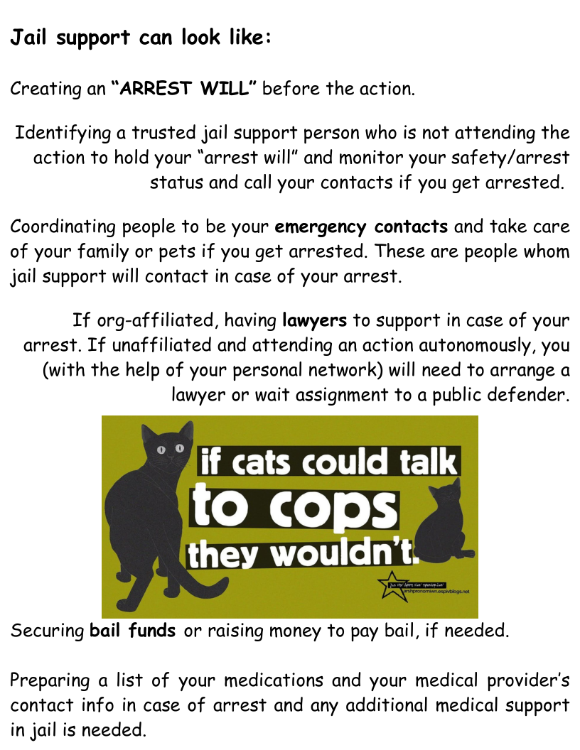 Jail support can look like:  Creating an "ARREST WILL" before the action.  Identifying a trusted jail support person who is not attending the action to hold your “arrest will" and monitor your safety/arrest status and call your contacts if you get arrested.  Coordinating people to be your emergency contacts and take care of your family or pets if you get arrested. These are people whom Jjail support will contact in case of your arrest.  If org-affiliated, having lawyers to support in case of your arrest. If unaffiliated and attending an action autonomously, you (with the help of your personal network) will need to arrange a lawyer or wait assignment to a public defender.  *“lif cats could talk  to cops  they wouldn’t.  Securing bail funds or raising money to pay bail, if heeded.  Preparing a list of your medications and your medical provider’s contact info in case of arrest and any additional medical support in jail is needed. 